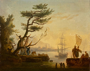 Верне Клод-Жозеф (1714-1789). Морская гавань на закате. Последняя треть XVIII в. Дерево, масло. 23,5 х 29 см