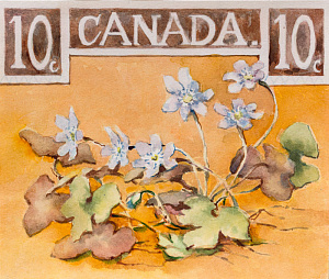 Ольга Александровна Романова (1882-1960). Проект марки Канады 10 центов. Рисунок наклеен на  бумагу, на которой написано карандашом «OLGA» и «№3». 1950-е гг. Бумага, акварель. 21 х 20 см