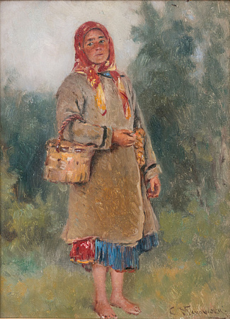 Маковский Константин Егорович (1839−1915). Молодая крестьянка с лукошком. Начало ХХ в. Дерево, масло. 32.5 х 24 см. 
