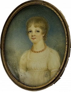 Майлс (Miles) Эдвард (1752–1828). Портрет девочки с коралловыми бусами. Начало 1800-х гг. Кость, акварель, гуашь. 7 х 5.5 (овал).