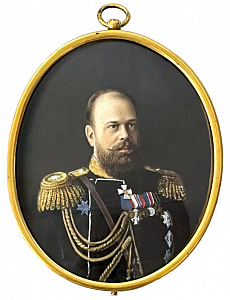 Хансен-Ванторе (Hansen-Vantore), Ганс Кристиан (1861-1928). Портрет императора Александра III. 1899 год. Кость, акварель, гуашь. 10 х 8 см. (овал)