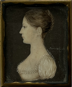 Рокштуль Петер Эрнст (1764–1824) . Потрет дамы в белом. 1810-е – начало 1820-х гг. Кость, акварель, гуашь. 5,5 х 4,5 см. 