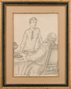 Кустодиев Борис Михайлович (1878-1927). Мальчик за столом. 1914 г. Картон, графитный карандаш. 42.5 х 30 см. 